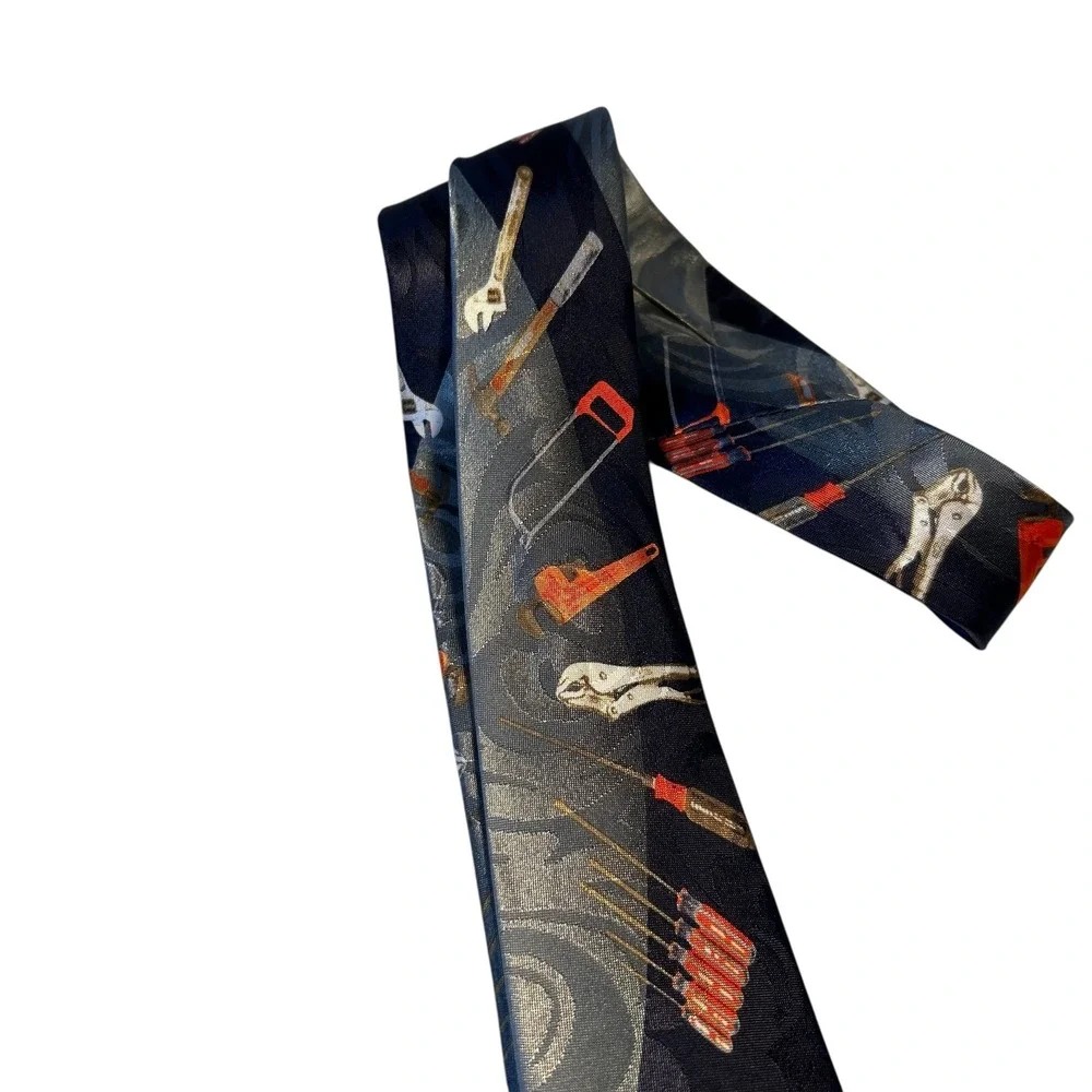 Novelty Necktie Mens Tools Print Blue Gray Polyester Career Workwear Tie Vintage - Picture 5 of 8